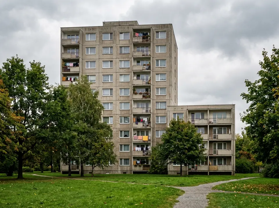 Tízemeletes panelház erkélysorokkal, mellette alacsonyabb blokk és füves zöldterület.